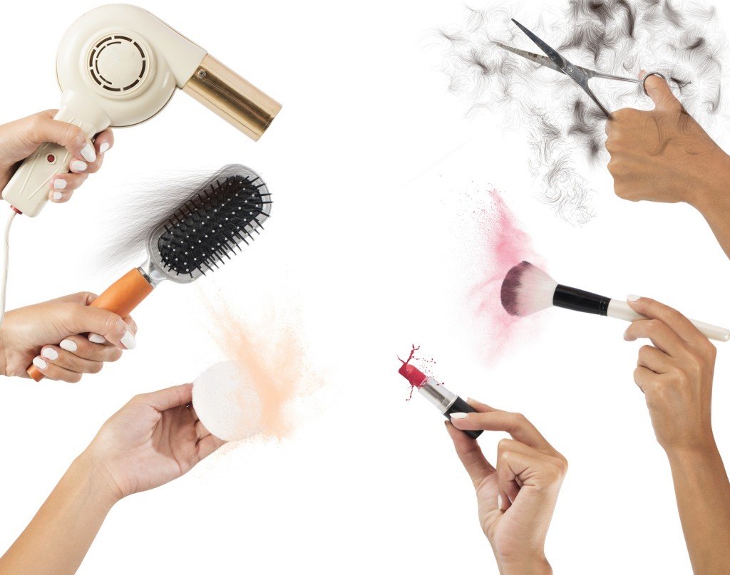 Beauty tools for make up and hair in action at beauty school